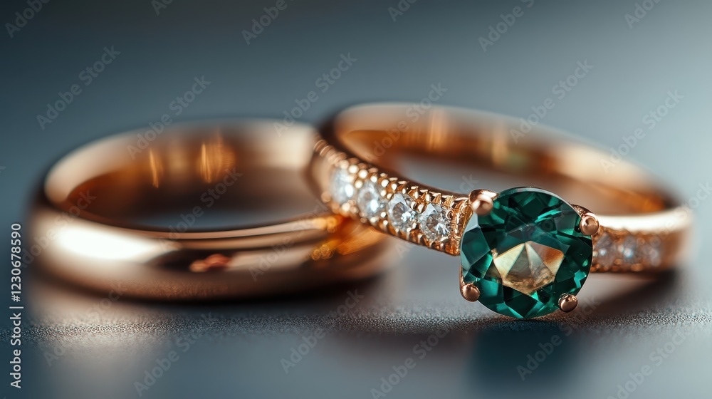 A captivating close-up of exquisite wedding rings featuring a stunning green gemstone surrounded by sparkling diamonds on a refined metallic surface. A captivating close-up of exquisite wedding rings featuring a stunning green gemstone surrounded by sparkling diamonds on a refined metallic surface.