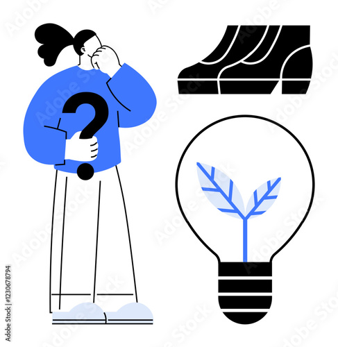 Person holding question mark, pondering environmental sustainability. Shoes symbolize consumerism light bulb with leaf represents eco-friendly innovation. Ideal for sustainability, decision-making