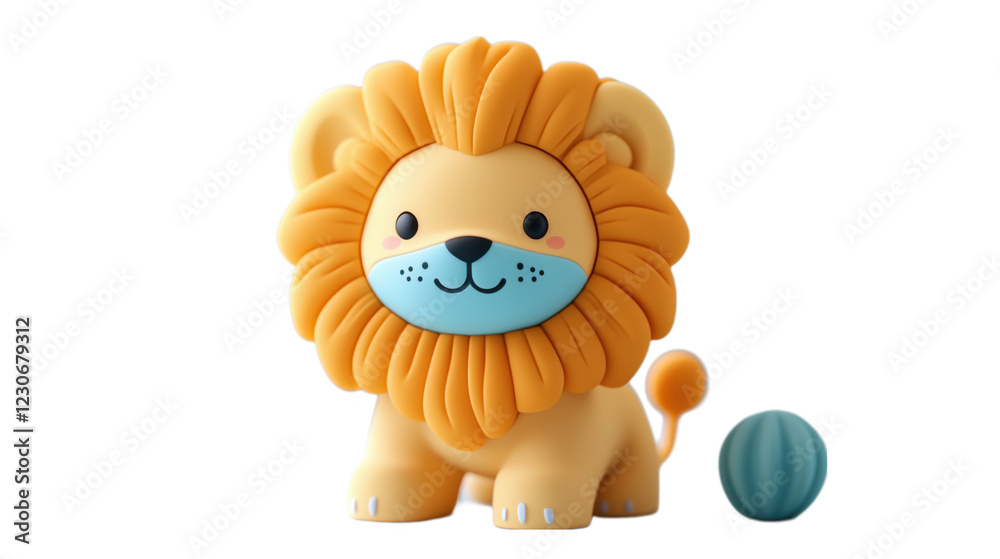 Fototapeta premium This playful 3D plasticine lion features a smiling, adorable face with a soft, fluffy mane, creating a lovable and cheerful character. With its vibrant, warm color scheme and friendly design, it makes