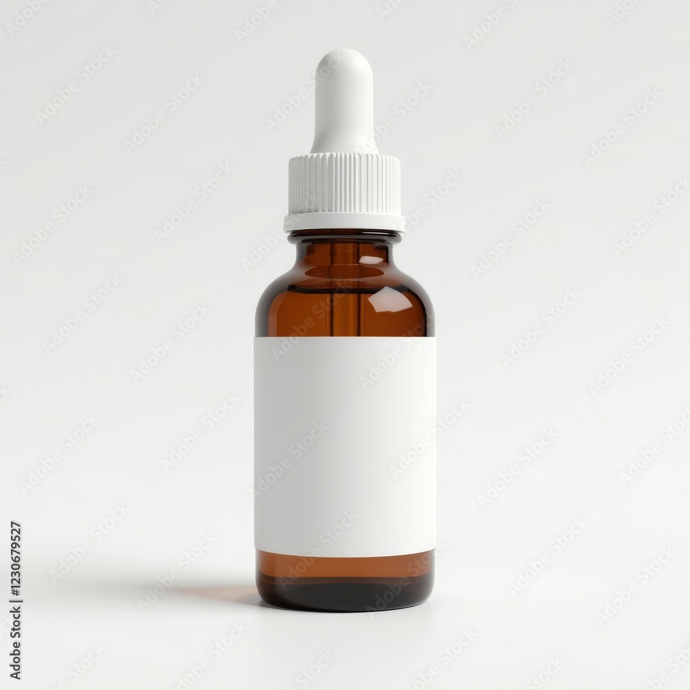 Fototapeta premium Amber glass bottle with a dropper and a blank white label, ideal for essential oils or serums.