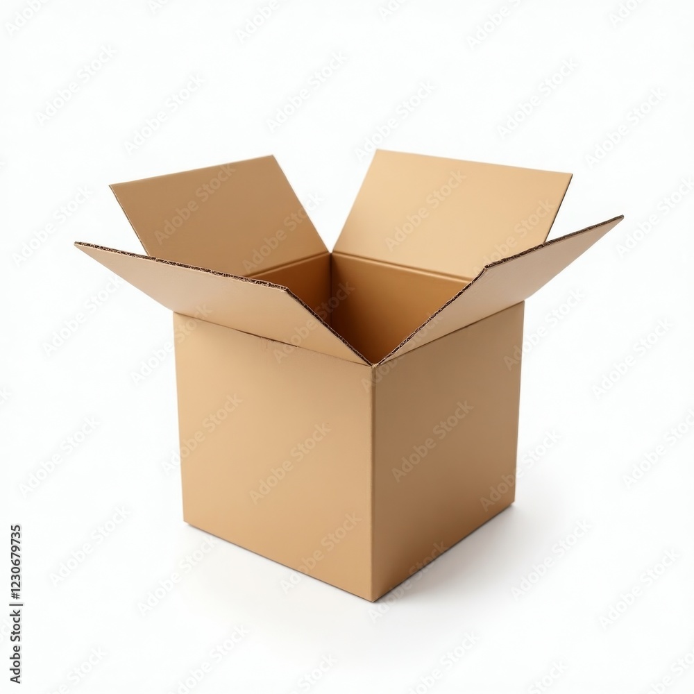 An empty cardboard box sits open, ready to be filled. Isolated on white background.