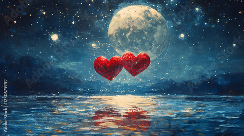 Two hearts, one moonlit night. Celestial Lagoon. Illustration photo