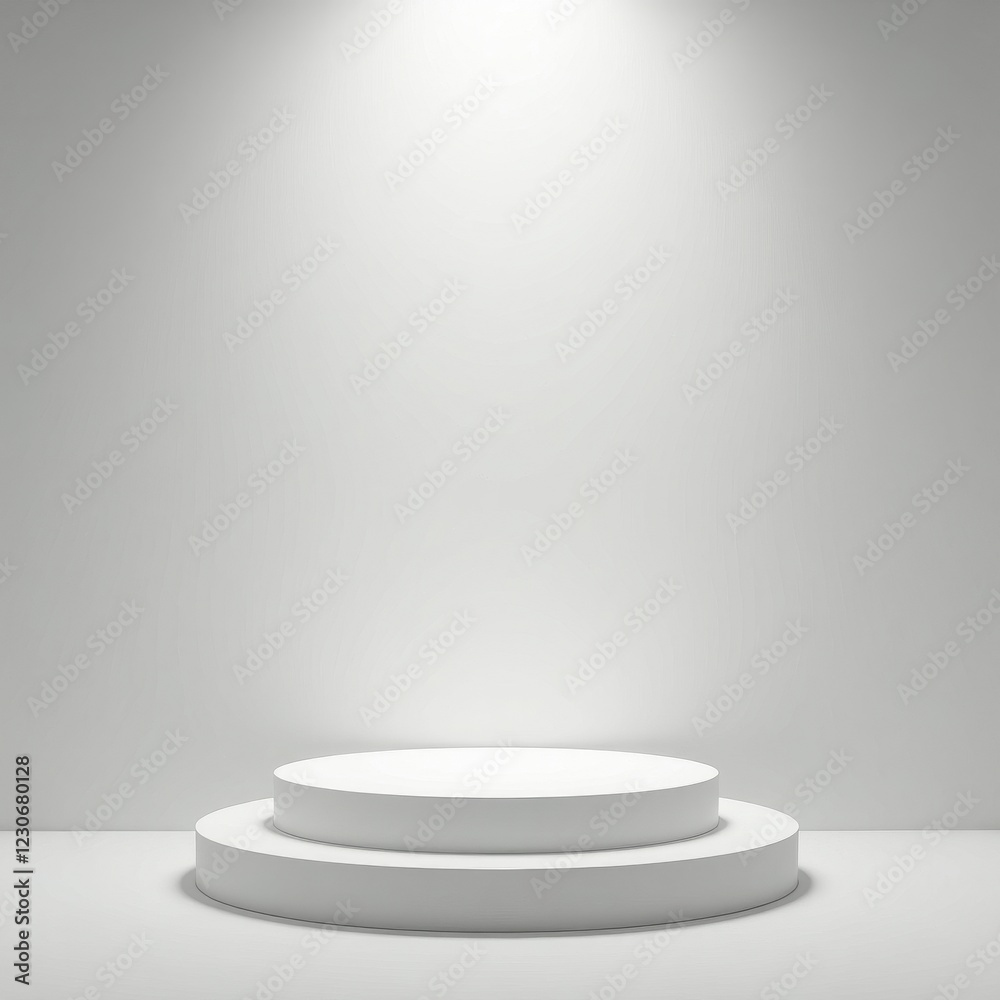 A minimalist, two-tiered white pedestal sits center stage, illuminated by a single spotlight against a stark white backdrop. A minimalist, two-tiered white pedestal sits center stage, illuminated by a single spotlight against a stark white backdrop.