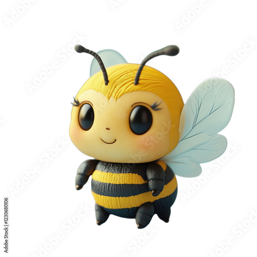 This adorable 3D plasticine bee is designed with soft, vibrant colors and a charming smiling face, captured in a close-up view. Set on a transparent background, the cute character brings playful energ