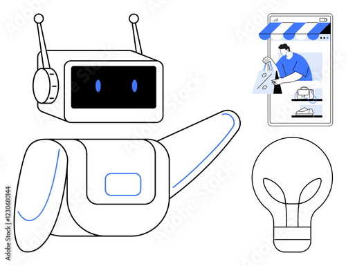 Robot, smartphone with online shopping screen, and light bulb. Ideal for technology, e-commerce, innovation, online shopping, robotics futuristic concepts creative ideas. Abstract line flat