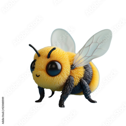 This adorable 3D plasticine bee is designed with soft, vibrant colors and a charming smiling face, captured in a close-up view. Set on a transparent background, the cute character brings playful energ