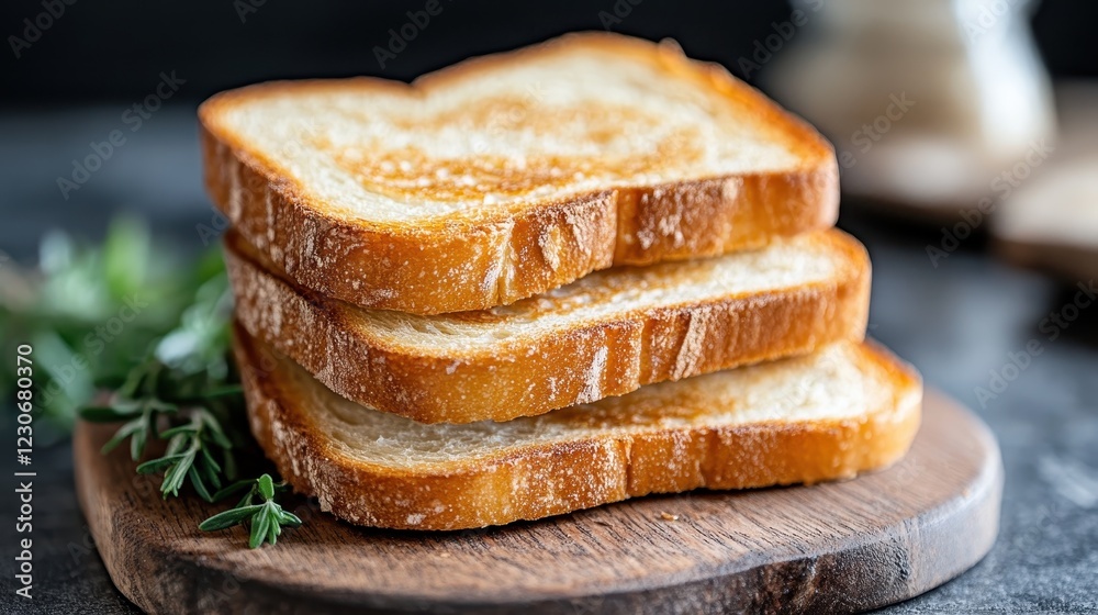 A stack of rustic toast layered on a wooden board, beautifully complemented by fresh herbs, creating a wholesome and inviting breakfast setting. A stack of rustic toast layered on a wooden board, beautifully complemented by fresh herbs, creating a wholesome and inviting breakfast setting.