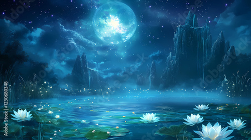 Witness the aurora of spirits, a celestial dance of light and shadow where the spirits of the past manifest under the night sky. Celestial Lagoon. Illustration