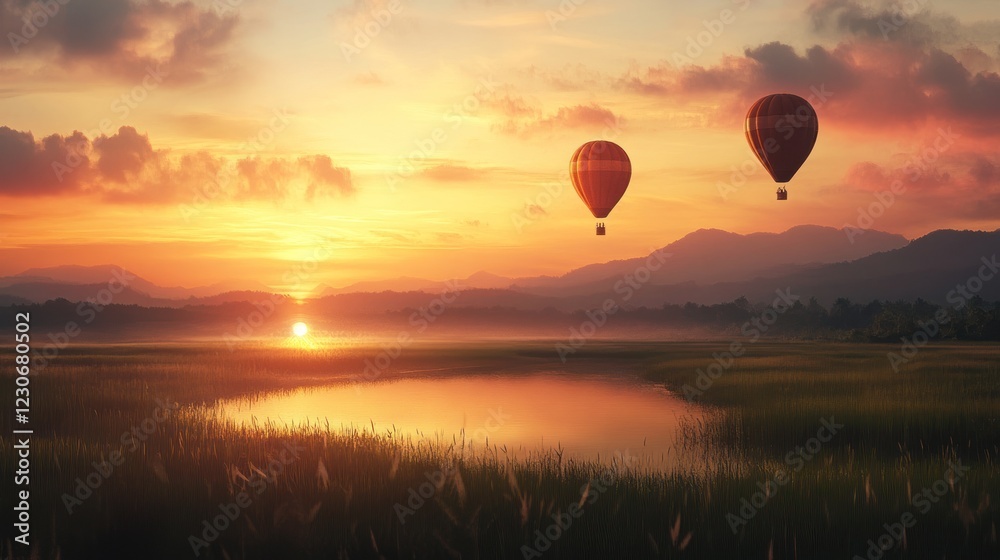 Hot Air Balloons Soaring Over Sunset Landscape Hot Air Balloons Soaring Over Sunset Landscape