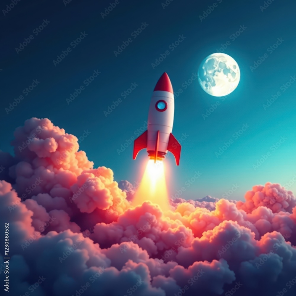 Fototapeta premium Sleek rocket ascends, moonlit clouds swirl below , celestial, stars, journey