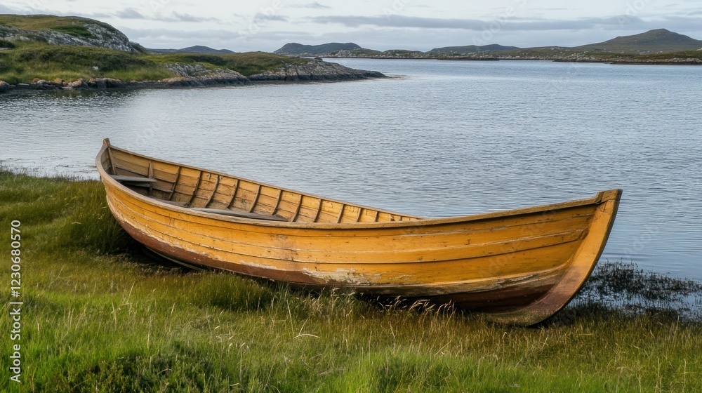 Wooden Rowboat Beached Beside Calm Coastal Waters Wooden Rowboat Beached Beside Calm Coastal Waters
