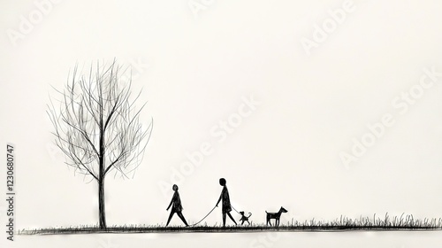   A B/W photo of two ppl and a dog on a field w/ a tree BG