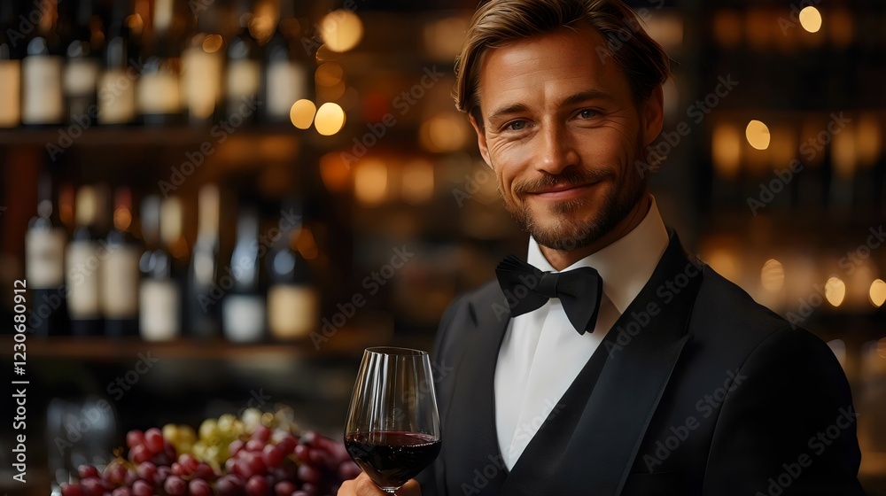 A man in a suit and tie holding a wine glass in front of a wine rack A man in a suit and tie holding a wine glass in front of a wine rack