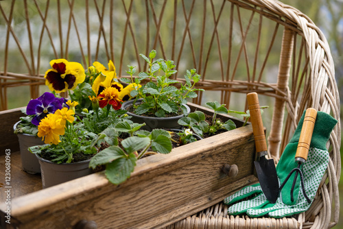 Fototapeta Naklejka Na Ścianę i Meble -  Box flower seedlings including pansies and forget-me-nots with garden tools, Gardening tools and flowers, Spring planting, Garden blooms, Home gardening
