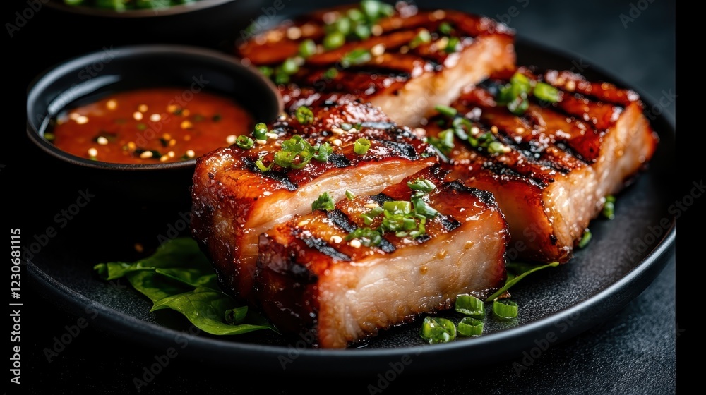 An enticing arrangement of barbecue pork, expertly grilled and garnished, served with a side of dipping sauce, ideal for indulgent meals and culinary enthusiasts. An enticing arrangement of barbecue pork, expertly grilled and garnished, served with a side of dipping sauce, ideal for indulgent meals and culinary enthusiasts.