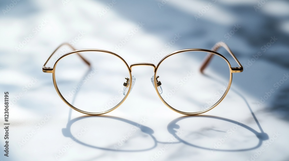 a pair of round glasses with thin gold rim, placed on a white marble surface a pair of round glasses with thin gold rim, placed on a white marble surface
