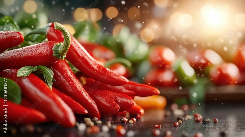 A vibrant bunch of fresh red chilies rests on a wooden surface, showcasing their shiny texture complemented by scattered peppercorns and a blurred background of greens. A vibrant bunch of fresh red chilies rests on a wooden surface, showcasing their shiny texture complemented by scattered peppercorns and a blurred background of greens.