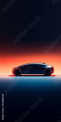 A modern electric car with a sleek silhouette illuminated by vibrant neon lights, set against a dark background.