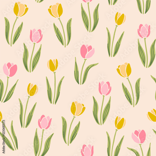 Tulips seamless pattern in block print style. Cute spring flowers repeat design. Pink and yellow tulps with leaves floral pattern.