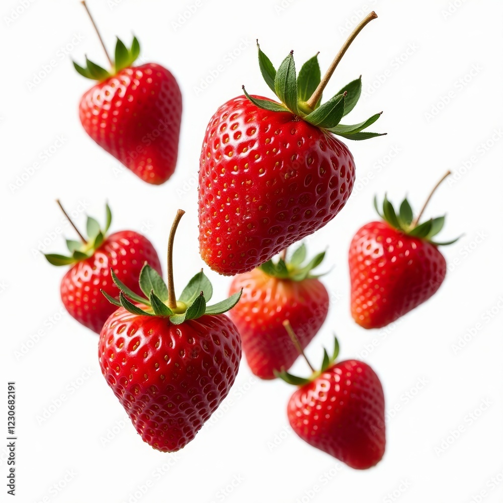Several ripe strawberries levitate against a white background, showcasing their vibrant red color and juicy texture. Several ripe strawberries levitate against a white background, showcasing their vibrant red color and juicy texture.