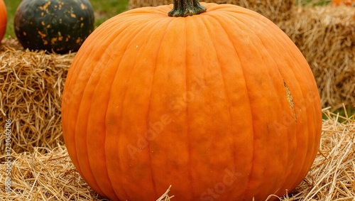 Vibrant orange pumpkin on hay bale in autumn