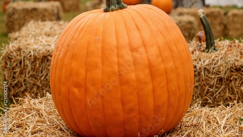 Vibrant orange pumpkin on hay bale in autumn