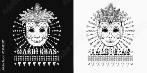 Mardi Gras themed label. Black and white emblem with carnival venetian face mask with bundle of feathers on top, beads, text. Vintage holiday composition.