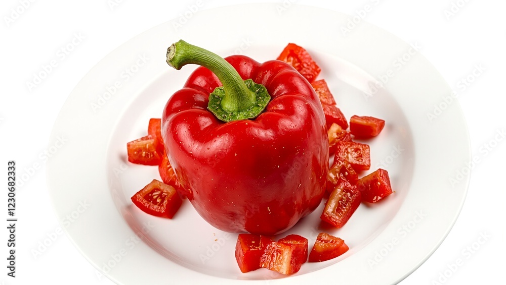 Fresh red bell pepper on white plate with green stem and chopped pieces Fresh red bell pepper on white plate with green stem and chopped pieces