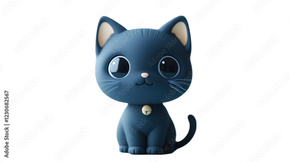 Fototapeta premium A cute black cat figurine in a playful and minimalistic style, featuring large expressive eyes, a small smile, and a tiny ball on its collar. The cat is made from soft material with smooth textures an