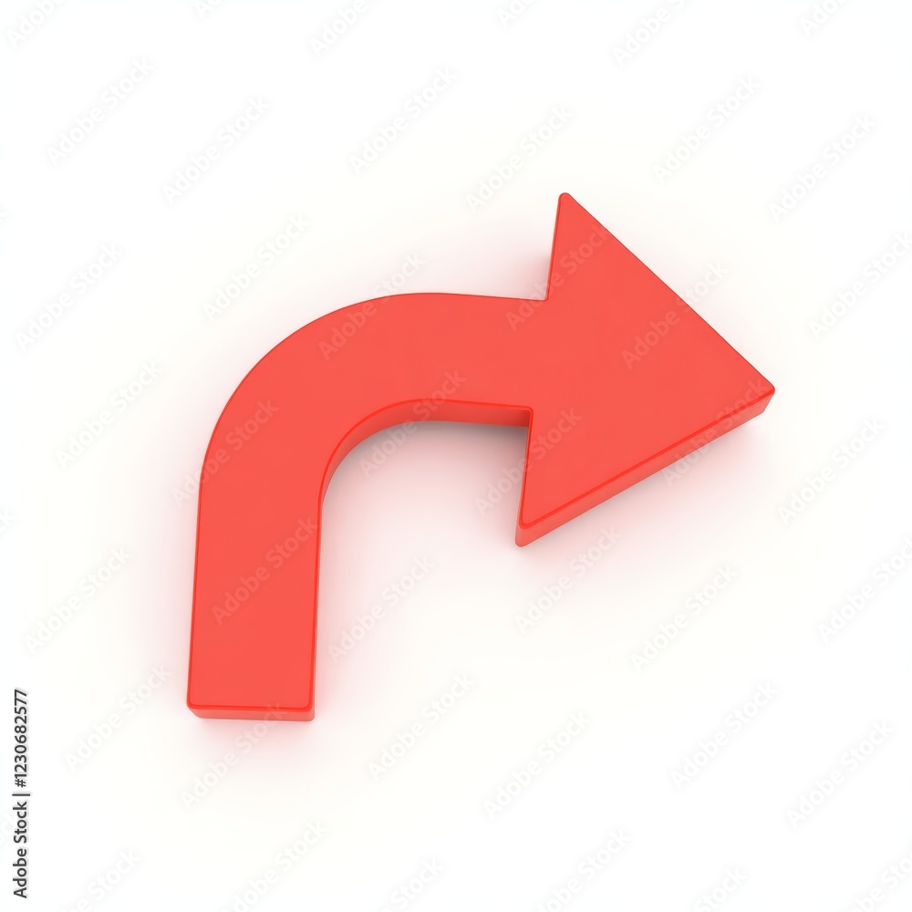 A three-dimensional, red arrow curves to the right, indicating a directional change or turn. Isolated on a white a background. A three-dimensional, red arrow curves to the right, indicating a directional change or turn. Isolated on a white a background.