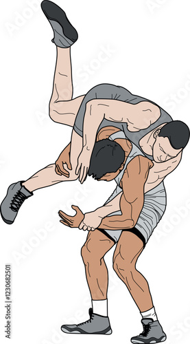WRESTLING 1 line drawing illustration, WRESTLERS, Greco roman, freestyle, classical, duel, fight, sketch, outline, vector EPS, logo, colored, beige, grey