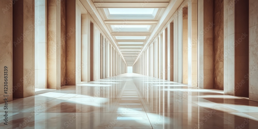 Obraz premium Long, empty hallway with white walls and a white ceiling. The hallway is very long and has a very clean