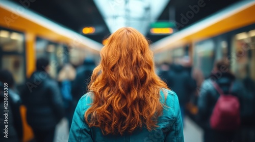 A striking redhead stands as a focal point amidst a busy commuter scene, embodying individuality and the human experience within urban transit dynamics. photo