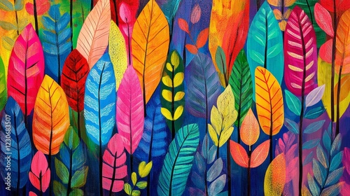 Wallpaper Mural A painting of a forest with many different colored leaves. The leaves are in various shades of green, red, yellow, and blue Torontodigital.ca
