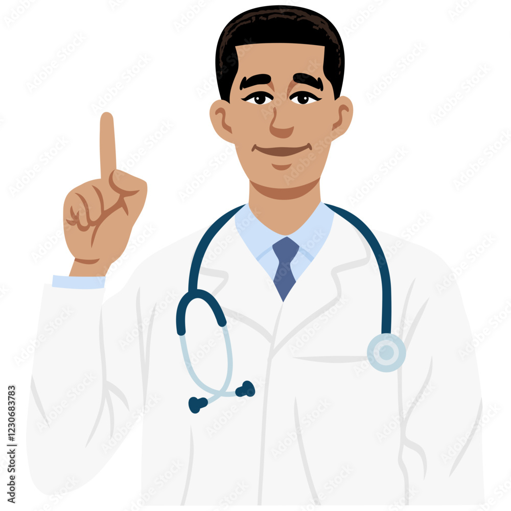 Doctor Raises Finger with Stethoscope Illustration Flat Design Doctor Raises Finger with Stethoscope Illustration Flat Design