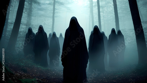 silhouettes of hooded cloaks peoples in cult robes, unrecognizable people, mysterious stranger,secret sect.immersive spooky Halloween, captivating, mysterious atmosphere, cloudy mist fog.Generative Ai