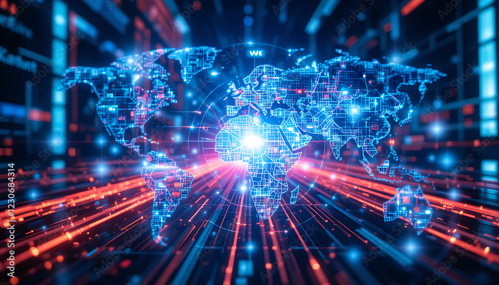 Obraz premium Futuristic Digital World Map - Global Technology & Cyber Network Concept