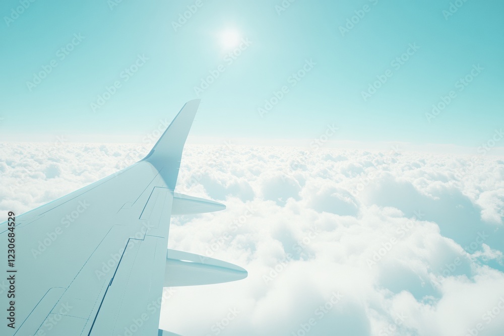 Obraz premium View of airplane wing above fluffy clouds under bright blue sky during daylight hours. Generative AI