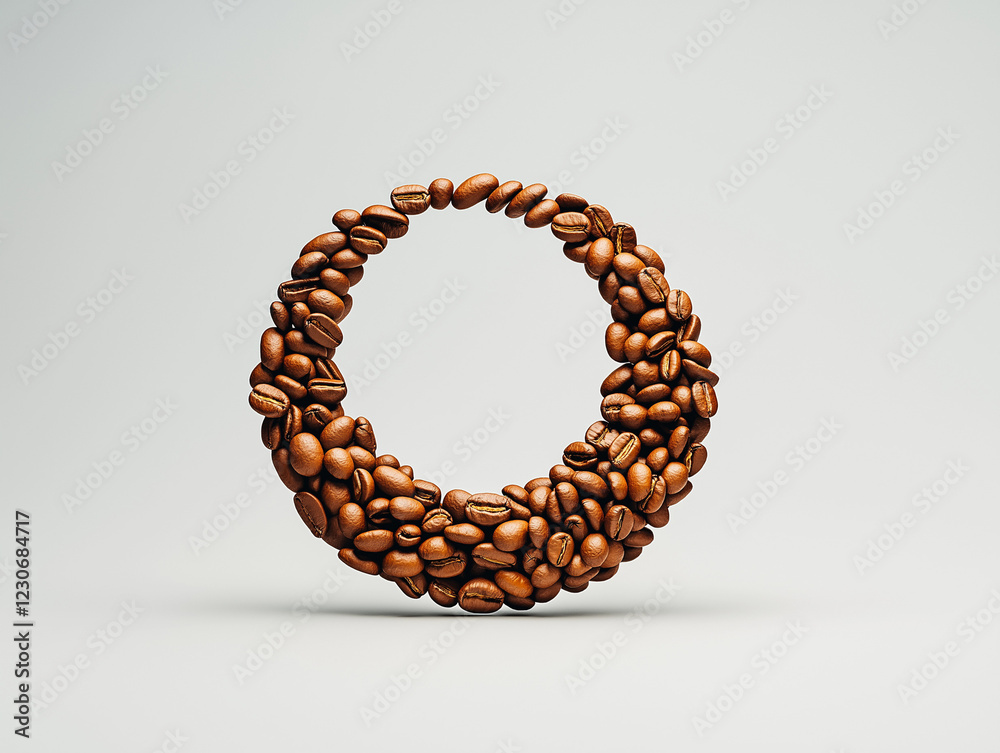 Obraz premium Kaffeebohnen in einem kreisförmigen Muster auf hellem Hintergrund