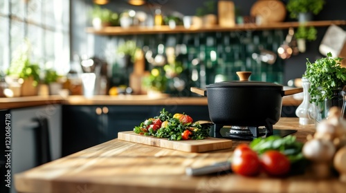 An inviting kitchen scene featuring fresh tomatoes, greens, and a pot on a wooden countertop, highlighting the essence of wholesome cooking and home-cooked meals. photo