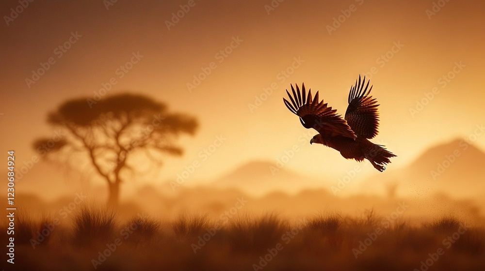 Fototapeta premium Bird flying over field with tree in foreground, mountain in background at sunset
