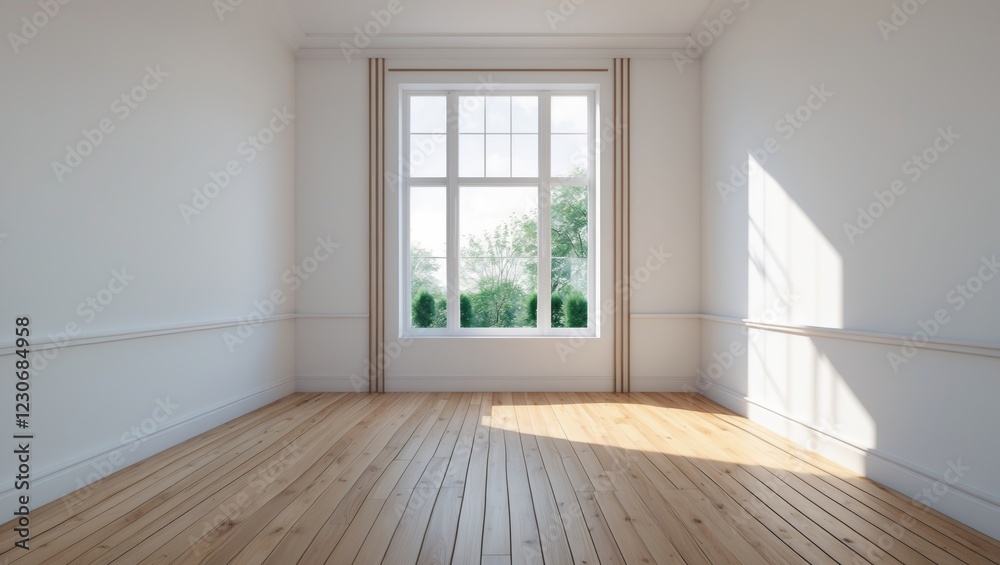 Sunlit empty room with hardwood floors and large window overlooking greenery. Sunlit empty room with hardwood floors and large window overlooking greenery.