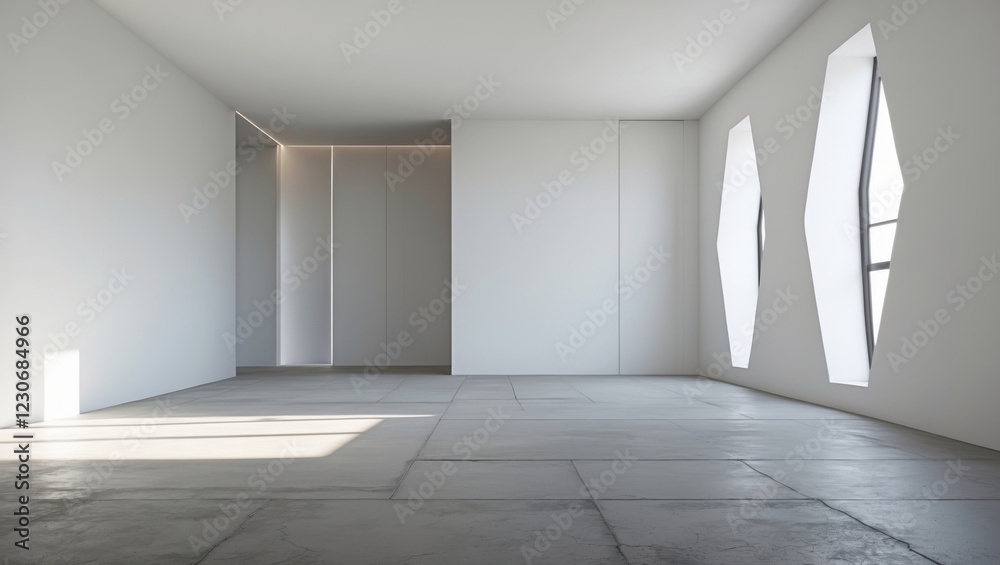 Sunlit minimalist interior with sleek lines and unique window shapes. A bright, modern space. Sunlit minimalist interior with sleek lines and unique window shapes. A bright, modern space.
