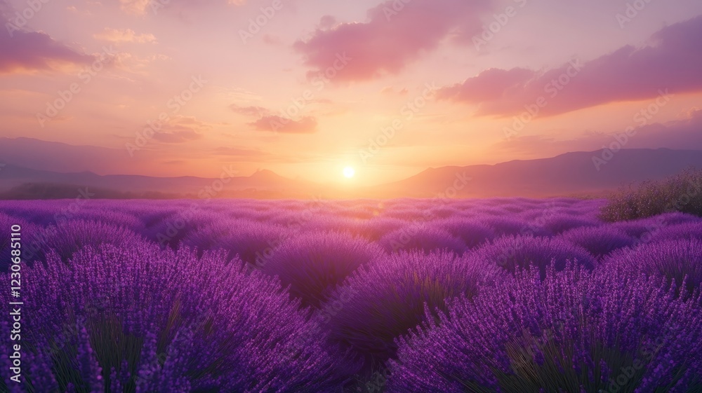 Lavender field at sunrise with mountains in the background. Lavender field at sunrise with mountains in the background.