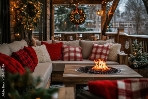 Cozy winter patio fire pit, red pillows, Christmas decor, snowy background; holiday card photo