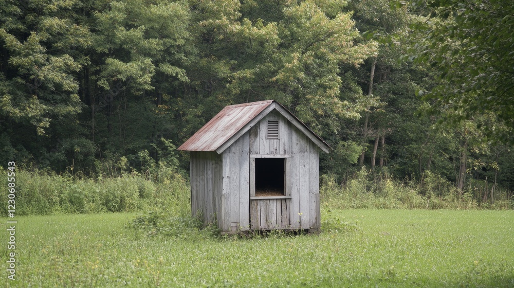 Obraz premium A small, old, wooden cabin is sitting in a grassy field