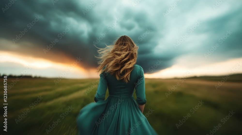 An elegant woman in a flowing dress runs through a lush green field under an atmospheric sky, capturing the essence of freedom and the beauty of the natural world. An elegant woman in a flowing dress runs through a lush green field under an atmospheric sky, capturing the essence of freedom and the beauty of the natural world.