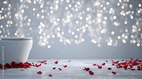 Red rose petals line a white toilet bowl, creating a romantic vibe for a cozy Valentine s Day gathering at home. photo