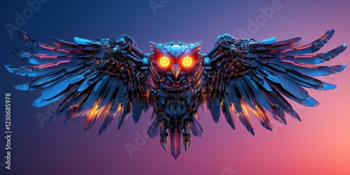 Futuristic robotic owl with glowing eyes, suitable for technology, innovation, and wildlife themes in commercial projects.