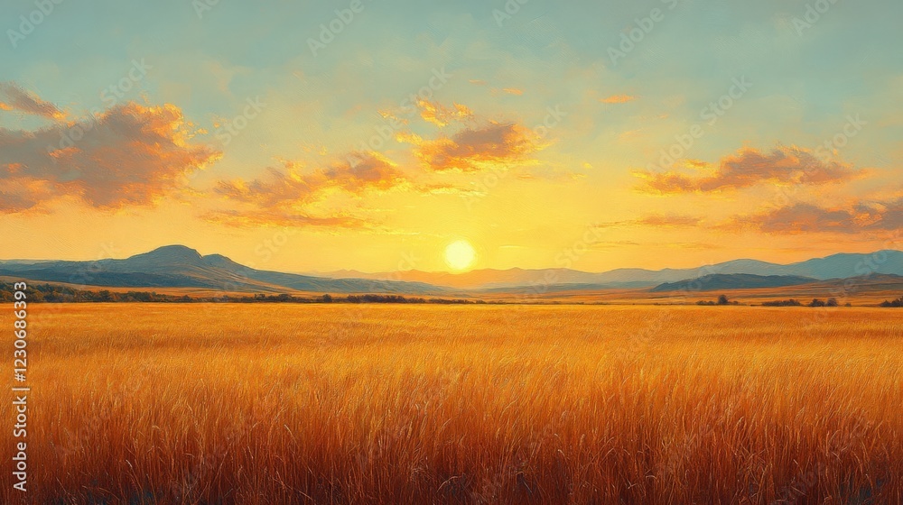Obraz premium Golden Sunset Over a Vast Wheat Field Near Distant Mountains. Generative AI